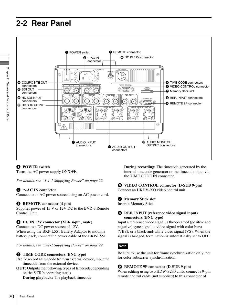 2 rear panel, Rear panel | Sony HDW-S280 User Manual | Page 20 / 94