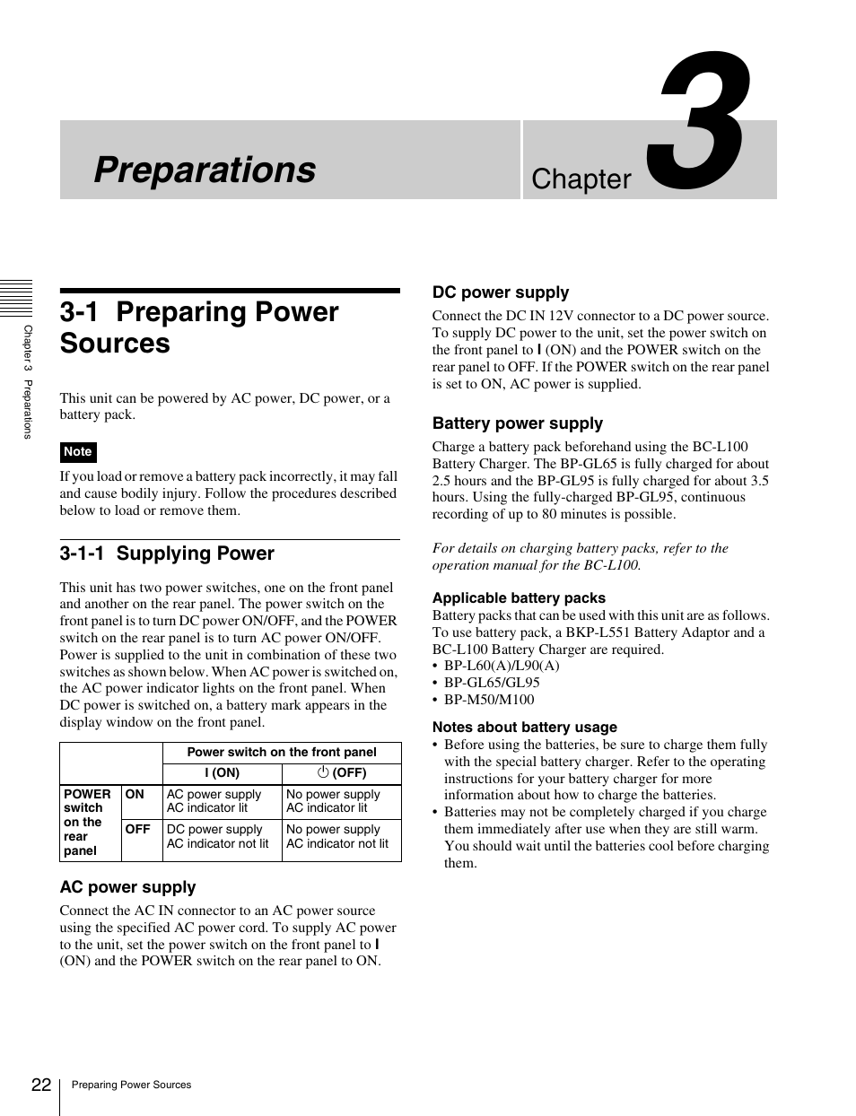 Chapter 3 preparations, 1 preparing power sources, 1-1 supplying power | Preparing power sources, Supplying power, Preparations, Chapter | Sony HDW-S280 User Manual | Page 22 / 94