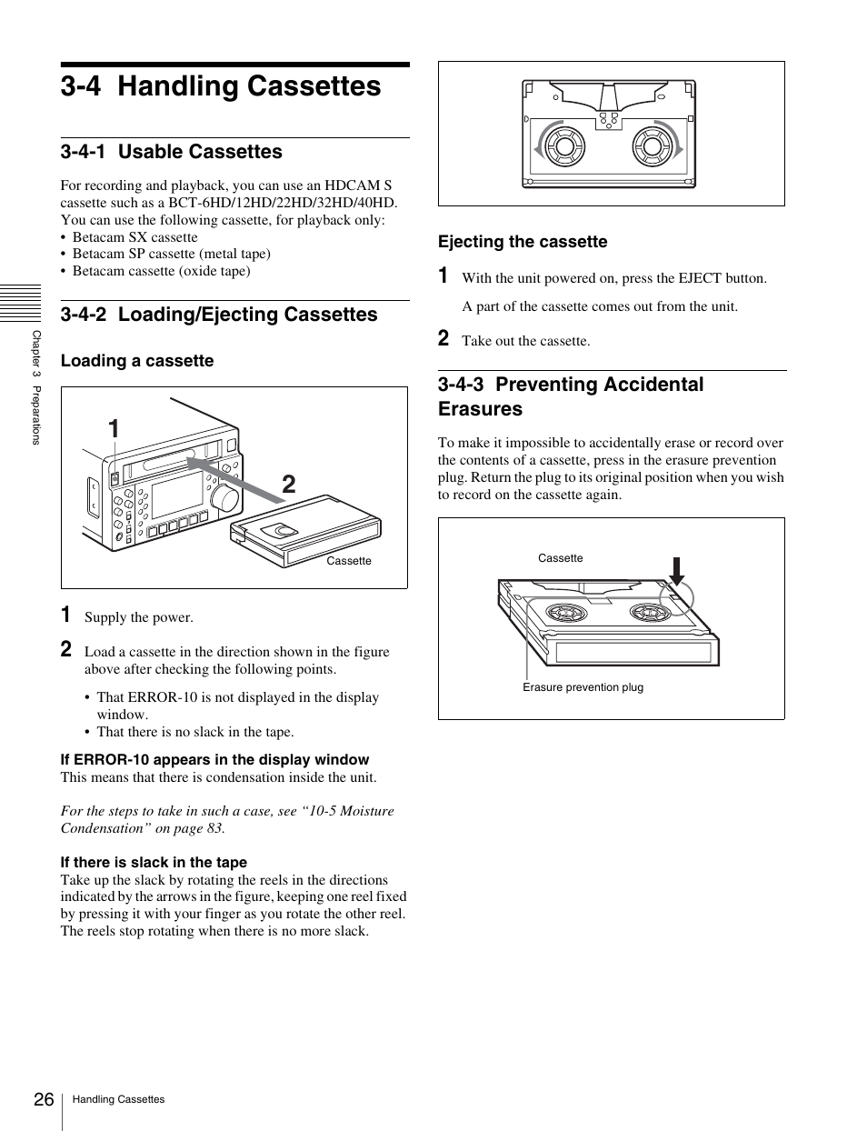4 handling cassettes, 4-1 usable cassettes, 4-2 loading/ejecting cassettes | 4-3 preventing accidental erasures, Handling cassettes, Usable cassettes, Loading/ejecting cassettes, Preventing accidental erasures | Sony HDW-S280 User Manual | Page 26 / 94