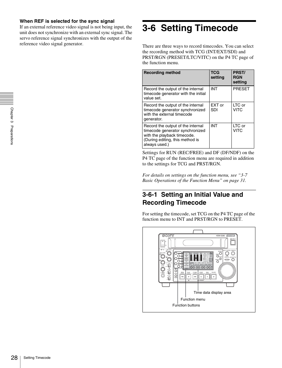 6 setting timecode, Setting timecode, Setting an initial value and recording timecode | Setting timecode ch apt er 3 p repa ra ti ons | Sony HDW-S280 User Manual | Page 28 / 94