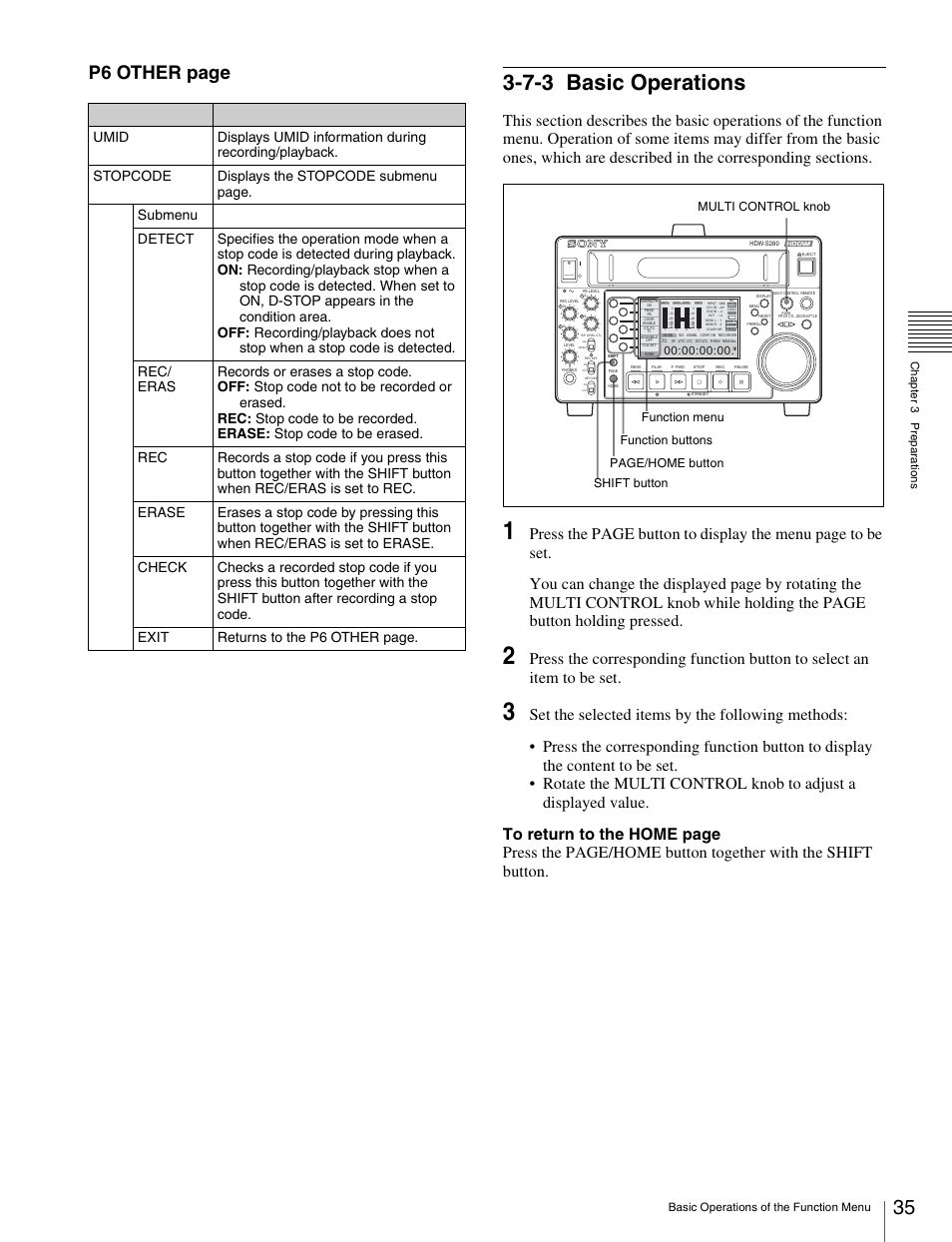 7-3 basic operations, Basic operations, P6 other page | Sony HDW-S280 User Manual | Page 35 / 94