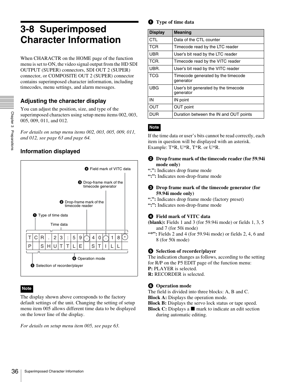 8 superimposed character information, Superimposed character information, Adjusting the character display | Information displayed | Sony HDW-S280 User Manual | Page 36 / 94