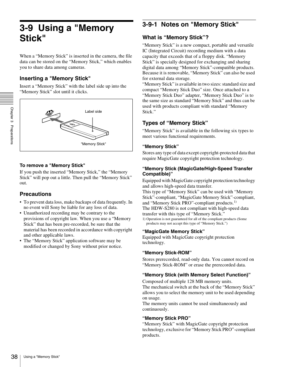 9 using a "memory stick, 9-1 notes on "memory stick, Using a "memory stick | Notes on "memory stick | Sony HDW-S280 User Manual | Page 38 / 94