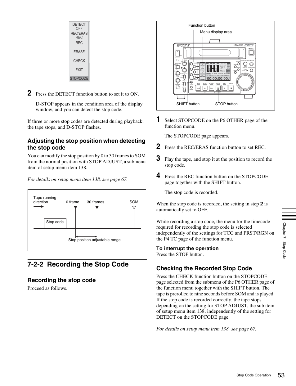 2-2 recording the stop code, Recording the stop code, Checking the recorded stop code | Proceed as follows, Press the rec/eras function button to set rec, Stop code operation chap te r 7 st op code | Sony HDW-S280 User Manual | Page 53 / 94