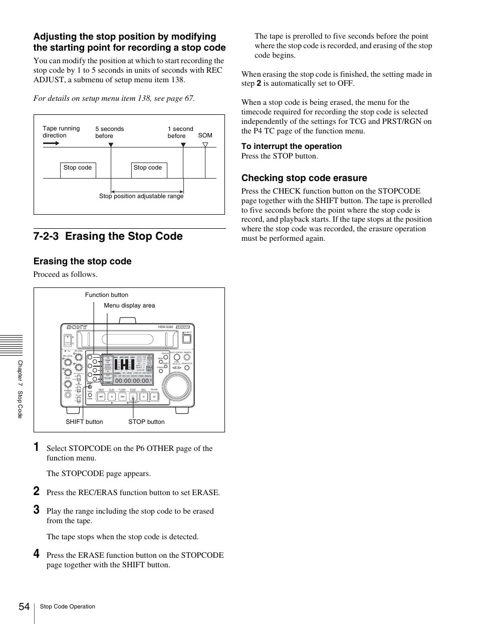 2-3 erasing the stop code, Erasing the stop code, Checking stop code erasure | Proceed as follows, Press the rec/eras function button to set erase, Stop code operation chapt er 7 s to p code | Sony HDW-S280 User Manual | Page 54 / 94