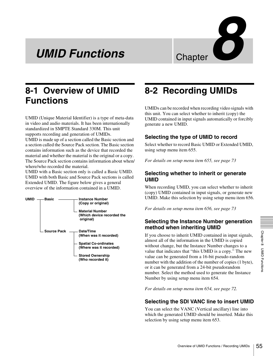 Chapter 8 umid functions, 1 overview of umid functions, 2 recording umids | Overview of umid functions, Recording umids, Umid functions, Chapter | Sony HDW-S280 User Manual | Page 55 / 94