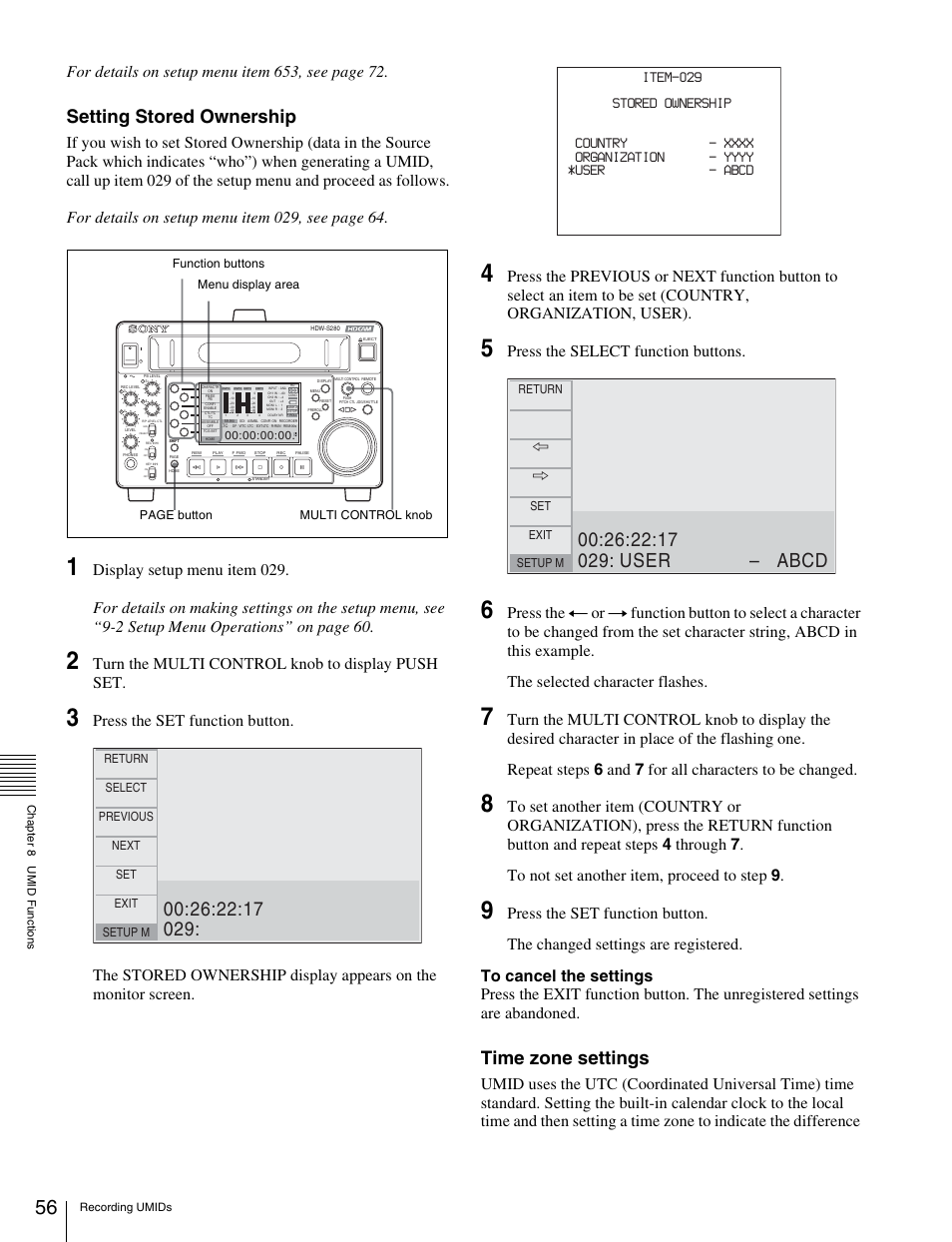 Setting stored ownership, Time zone settings, Turn the multi control knob to display push set | Press the select function buttons, Return select previous next set exit setup m, Return k k set exit setup m | Sony HDW-S280 User Manual | Page 56 / 94