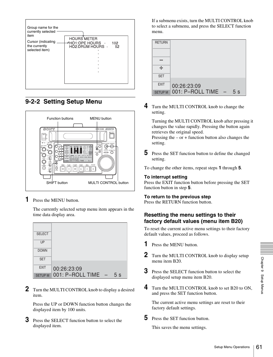 2-2 setting setup menu, Setting setup menu, Press the menu button | Select up down set exit setup m, Return set exit setup m | Sony HDW-S280 User Manual | Page 61 / 94