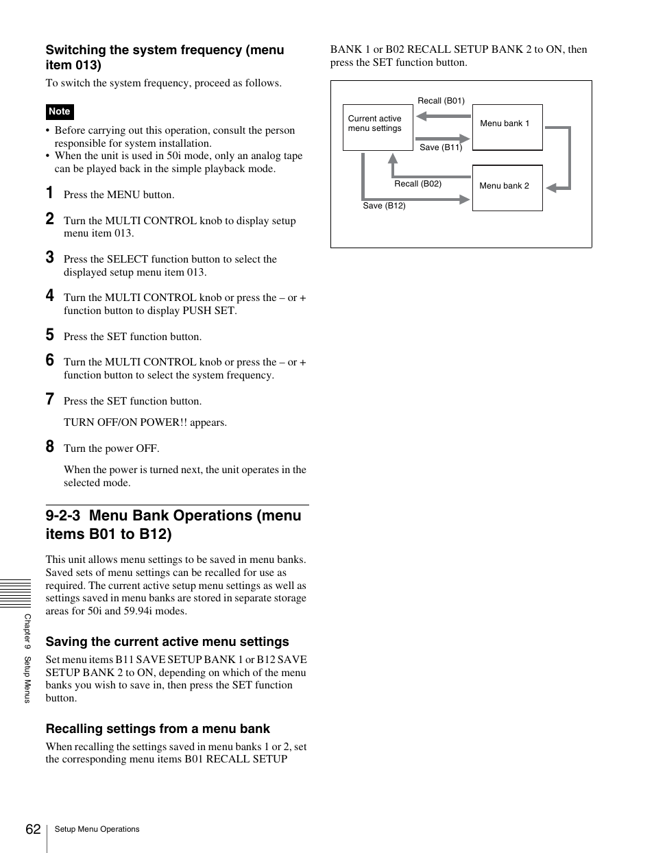 2-3 menu bank operations (menu items b01 to b12), Menu bank operations (menu items b01 to b12) | Sony HDW-S280 User Manual | Page 62 / 94