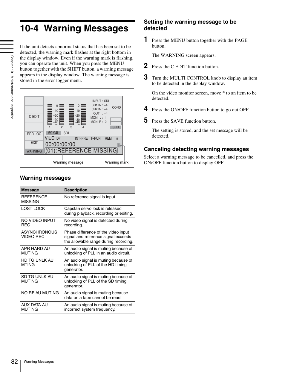 4 warning messages, Warning messages, Canceling detecting warning messages | Sony HDW-S280 User Manual | Page 82 / 94