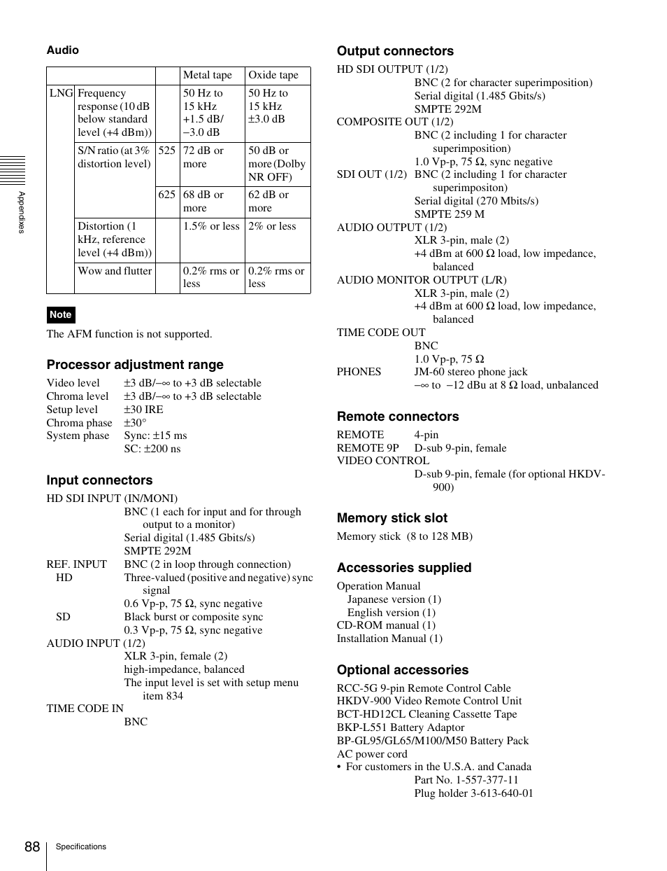 Sony HDW-S280 User Manual | Page 88 / 94