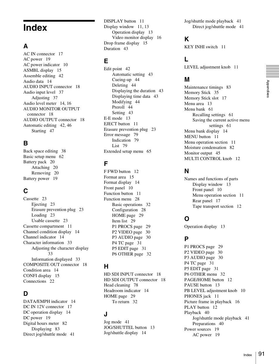 Index | Sony HDW-S280 User Manual | Page 91 / 94