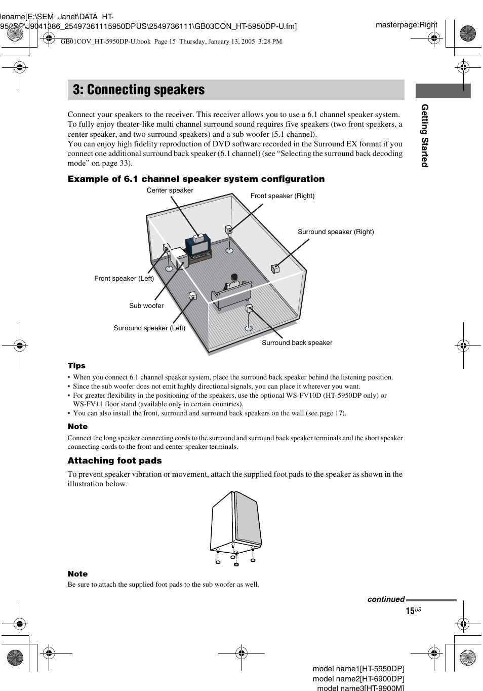 Connecting speakers | Sony 6900DP User Manual | Page 15 / 60