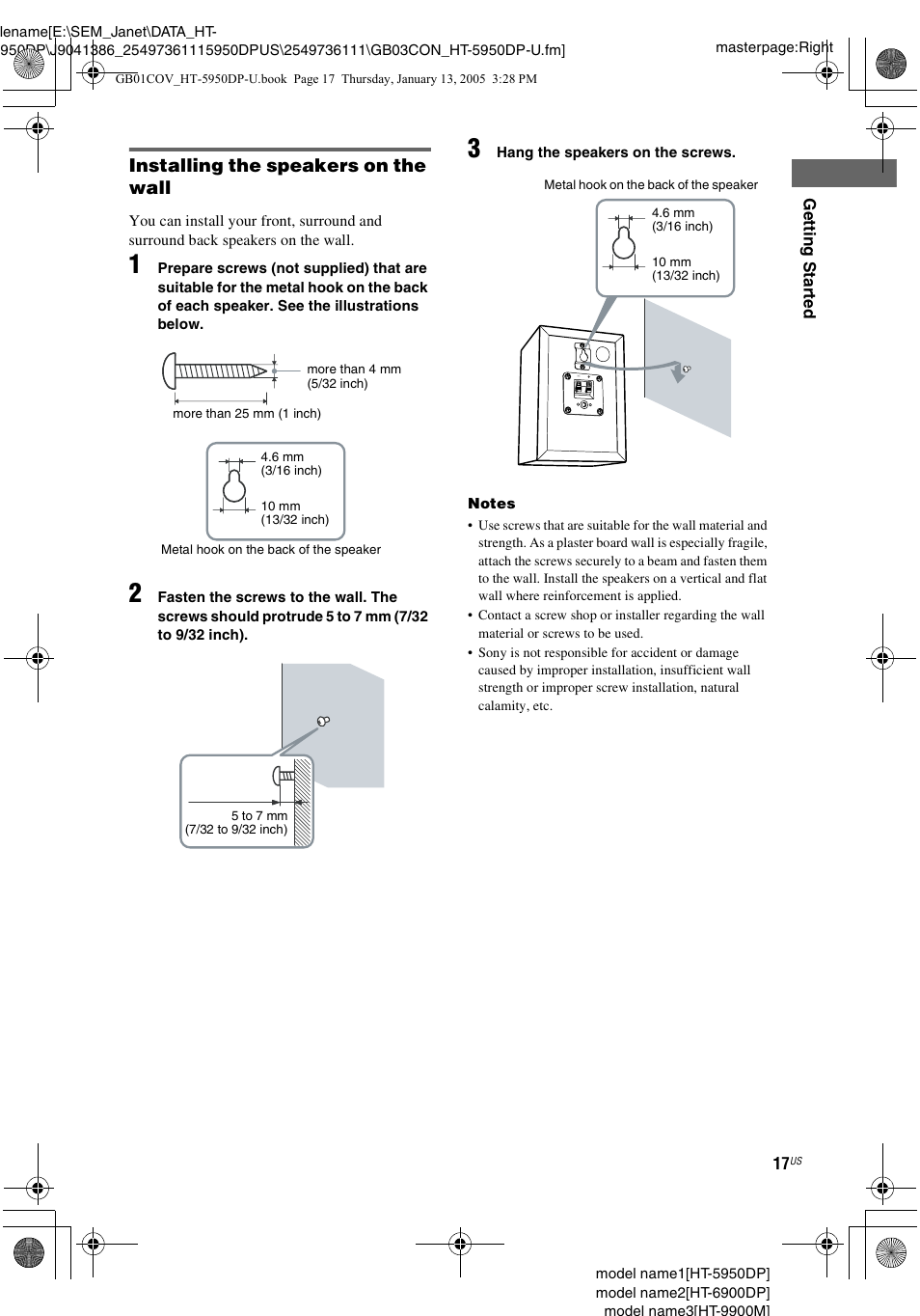 Installing the speakers on the wall | Sony 6900DP User Manual | Page 17 / 60