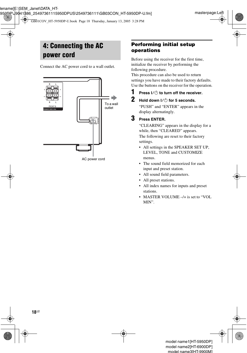 Connecting the ac power cord | Sony 6900DP User Manual | Page 18 / 60