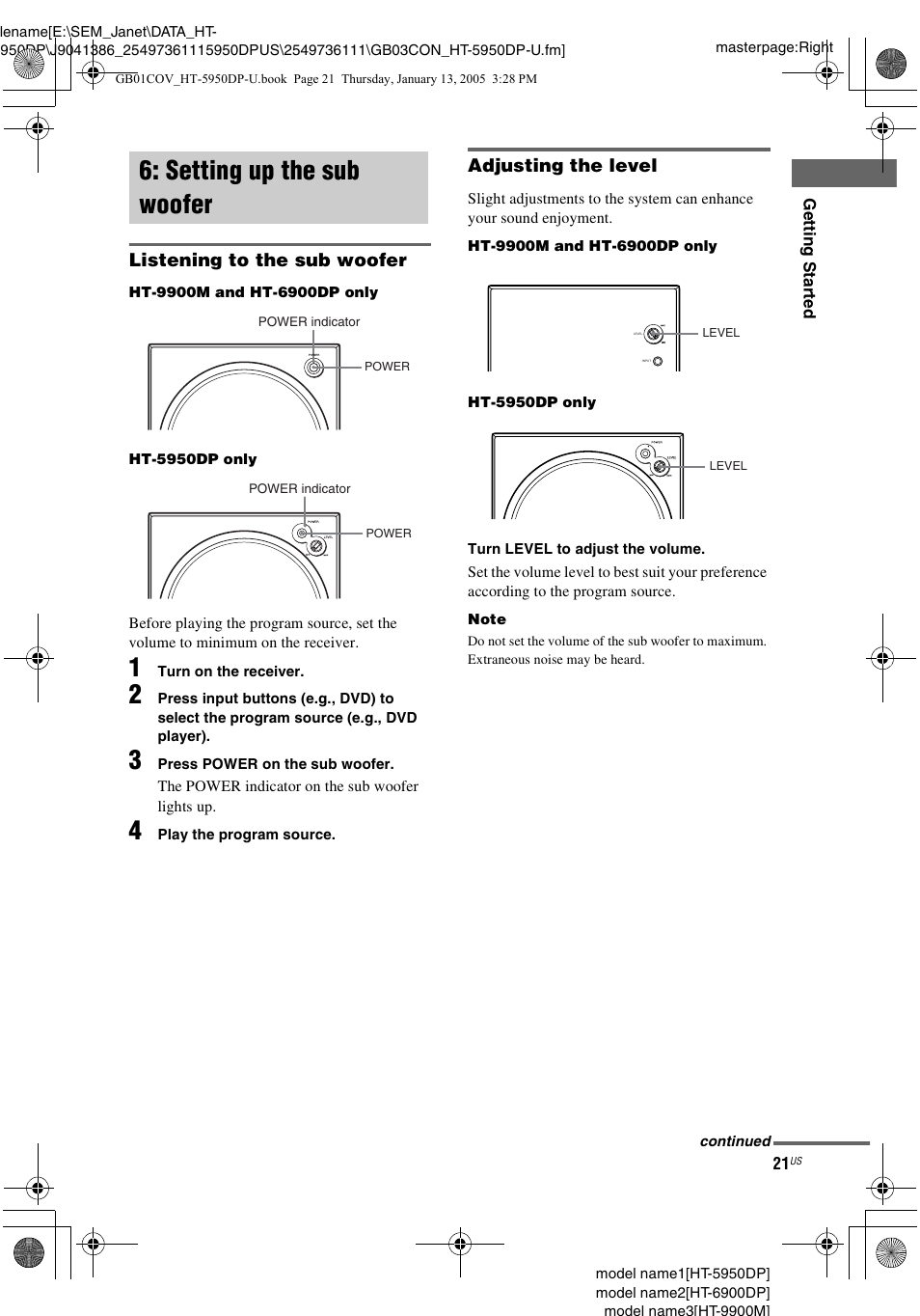 Setting up the sub woofer | Sony 6900DP User Manual | Page 21 / 60