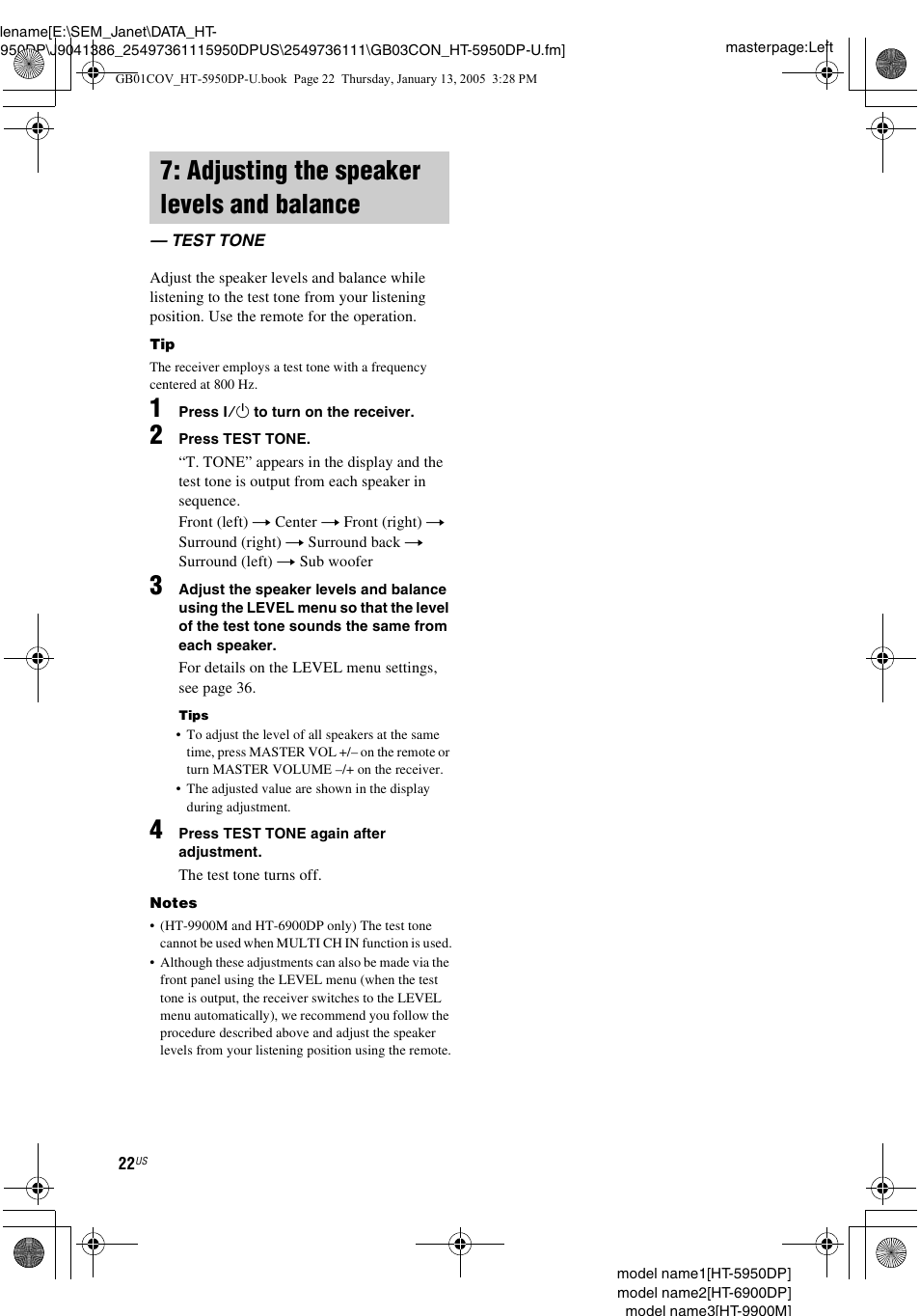 Adjusting the speaker levels and balance, Test tone, Adjusting the speaker levels and | Balance — test tone | Sony 6900DP User Manual | Page 22 / 60