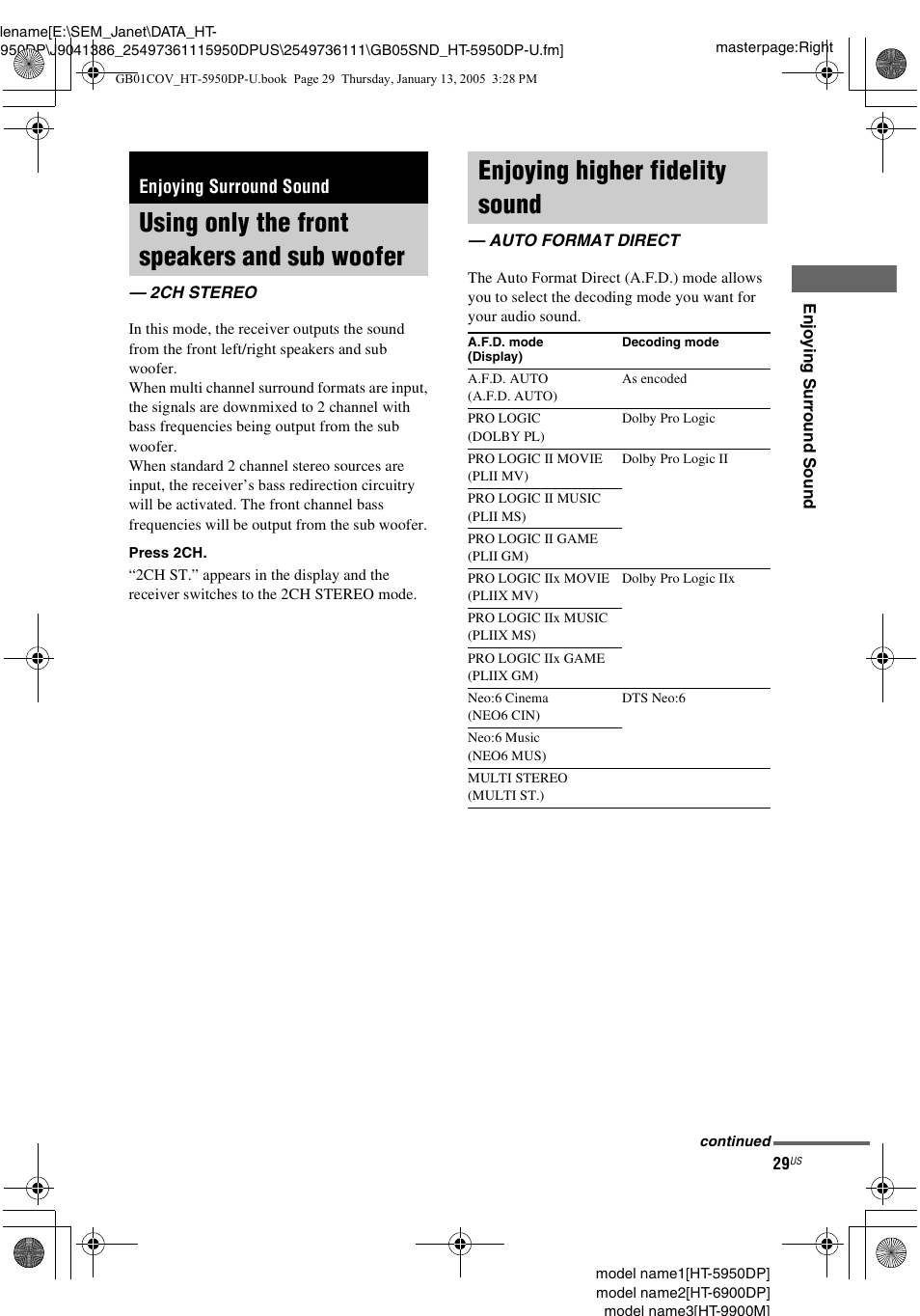 Enjoying surround sound, Using only the front speakers and sub woofer, 2ch stereo | Enjoying higher fidelity sound, Auto format direct, Using only the front speakers and, Sub woofer — 2ch stereo | Sony 6900DP User Manual | Page 29 / 60