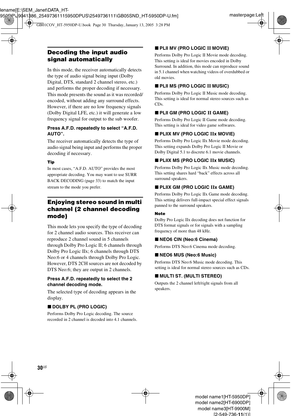 Decoding the input audio signal automatically | Sony 6900DP User Manual | Page 30 / 60