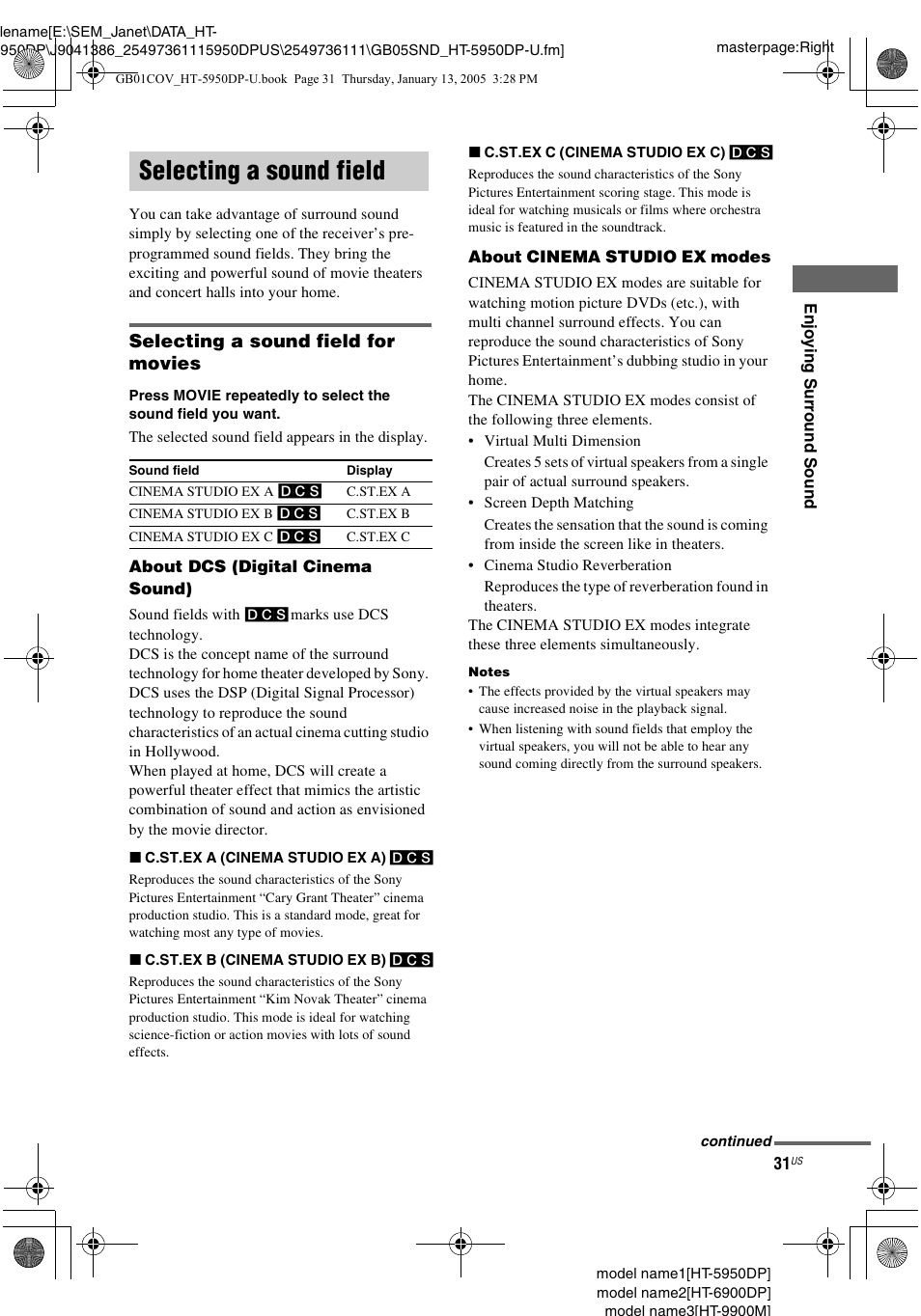Selecting a sound field, Selecting a sound field for movies | Sony 6900DP User Manual | Page 31 / 60
