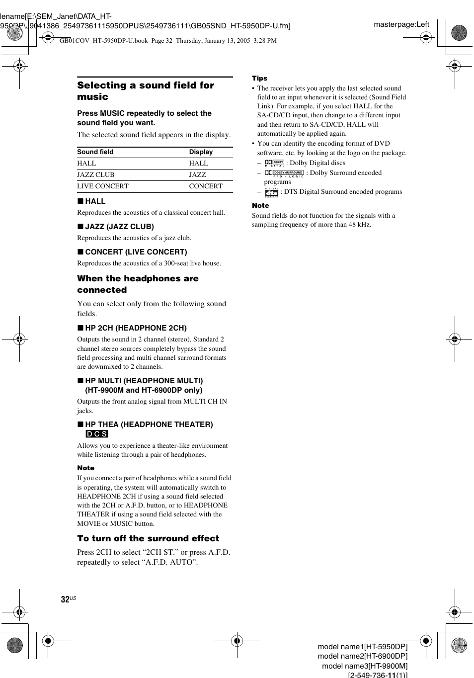 Selecting a sound field for music | Sony 6900DP User Manual | Page 32 / 60