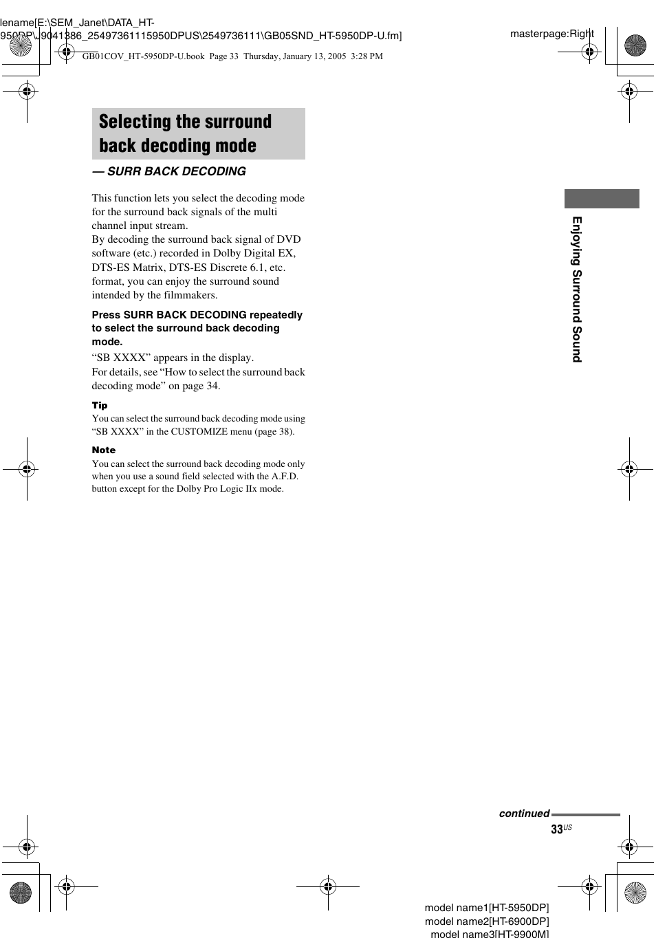 Selecting the surround back decoding mode, Surr back decoding, Selecting the surround back decoding | Mode — surr back decoding | Sony 6900DP User Manual | Page 33 / 60