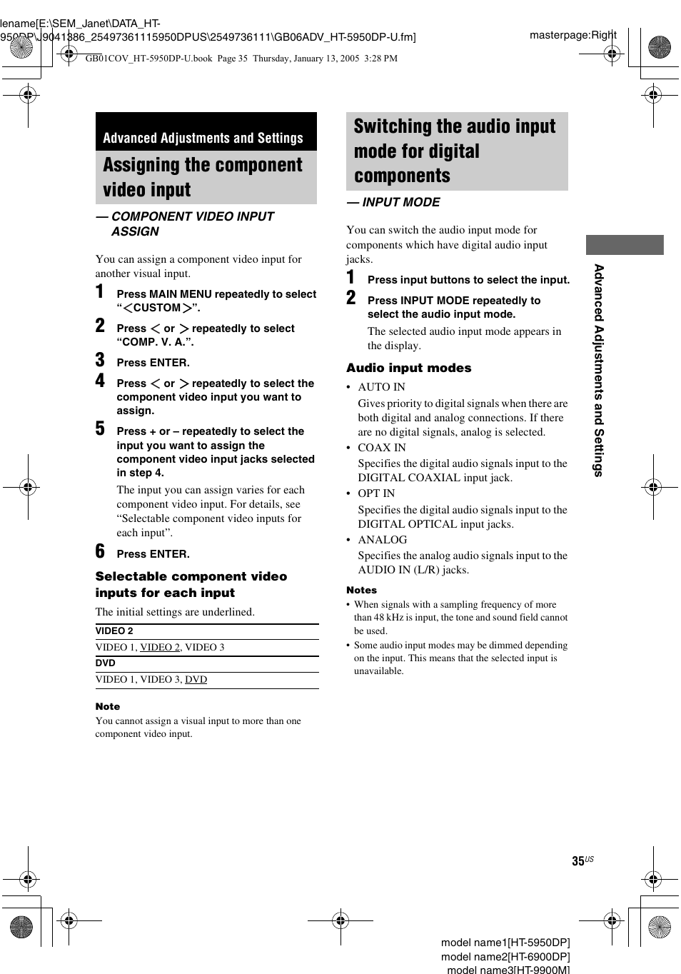 Advanced adjustments and settings, Assigning the component video input, Component video input assign | Input mode, Assigning the component video, Input — component video input assign, Switching the audio input mode for, Digital components — input mode | Sony 6900DP User Manual | Page 35 / 60