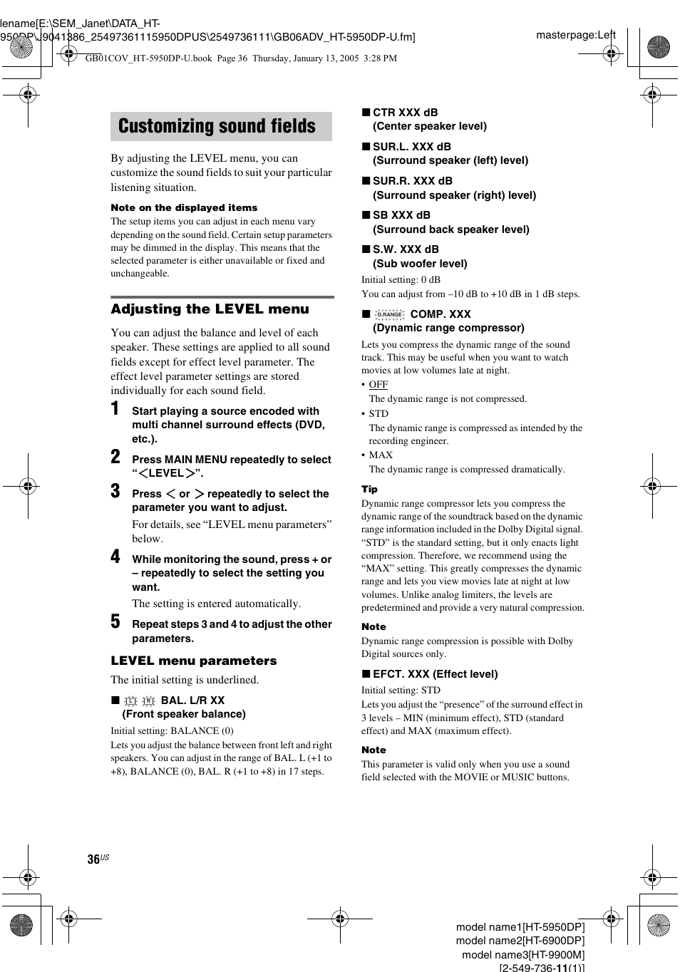 Customizing sound fields, Adjusting the level menu | Sony 6900DP User Manual | Page 36 / 60