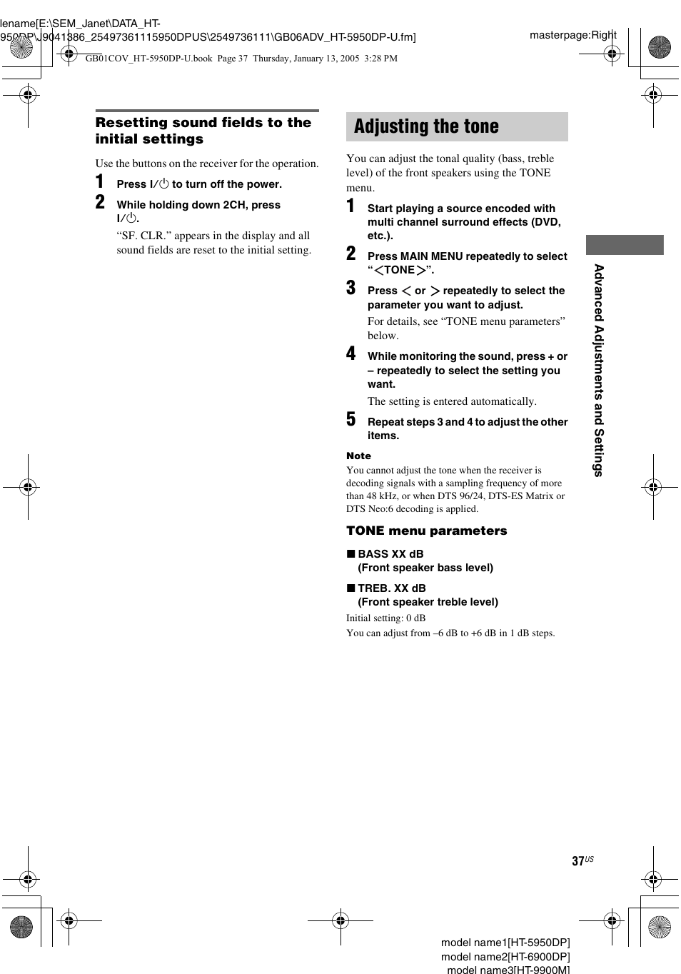 Adjusting the tone | Sony 6900DP User Manual | Page 37 / 60