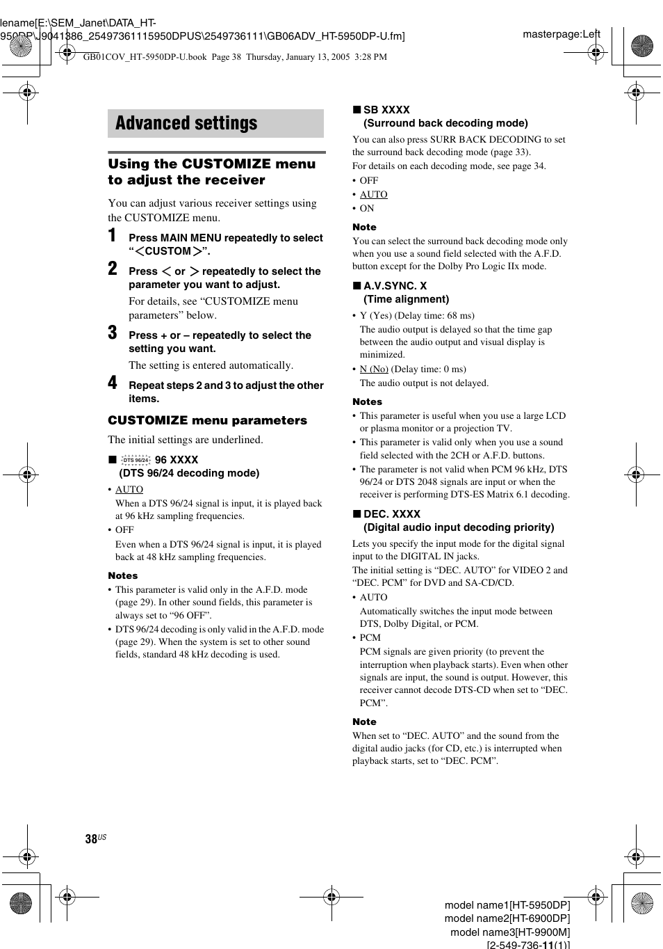 Advanced settings, Using the customize menu to adjust the receiver | Sony 6900DP User Manual | Page 38 / 60