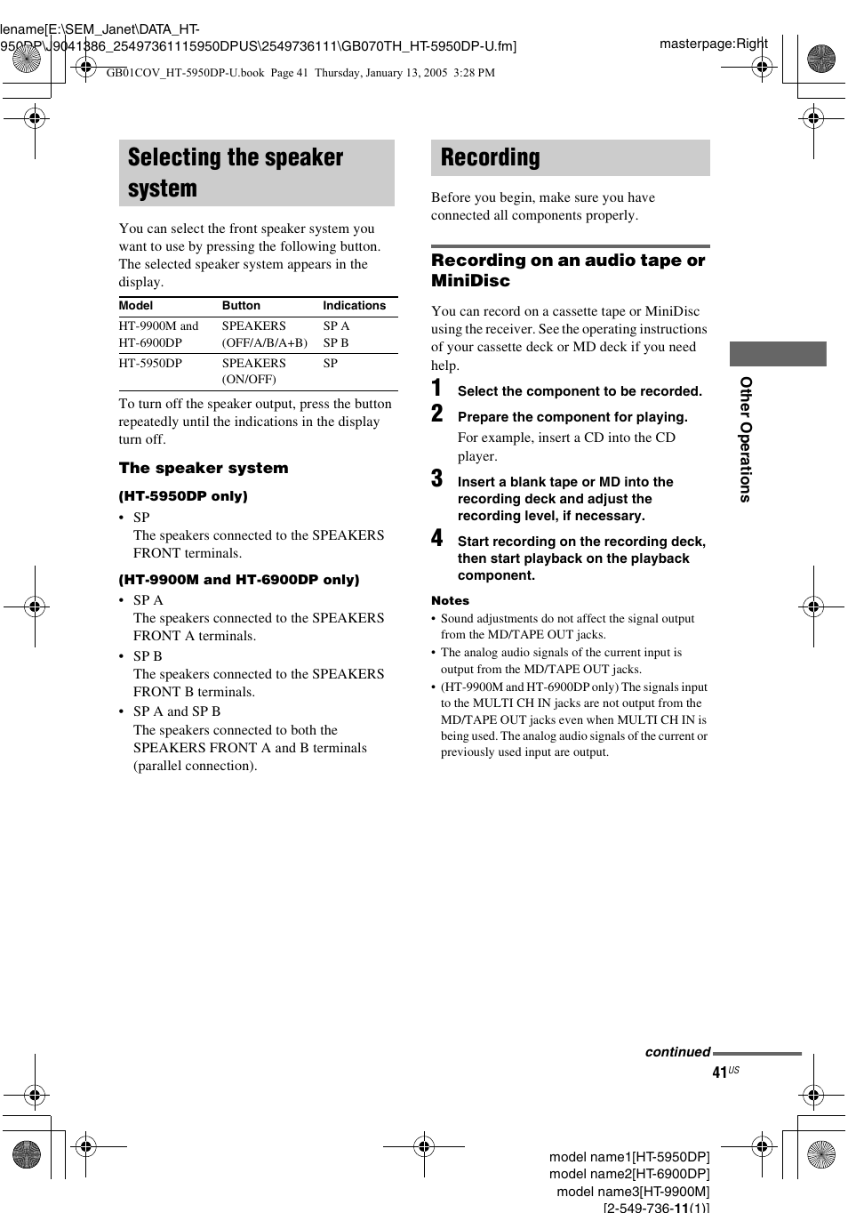 Selecting the speaker system, Recording, Selecting the speaker system recording | Sony 6900DP User Manual | Page 41 / 60