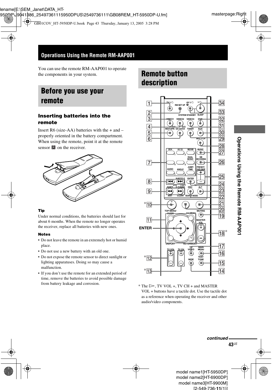 Operations using the remote rm-aap001, Before you use your remote, Remote button description | Ql wg wh wj wk e; ea es ed ef qj qk, Qf qg qh w; wa ws wd wf wl, Ope ra tions us ing the re m o te rm-aap0 0 1, Inserting batteries into the remote | Sony 6900DP User Manual | Page 43 / 60