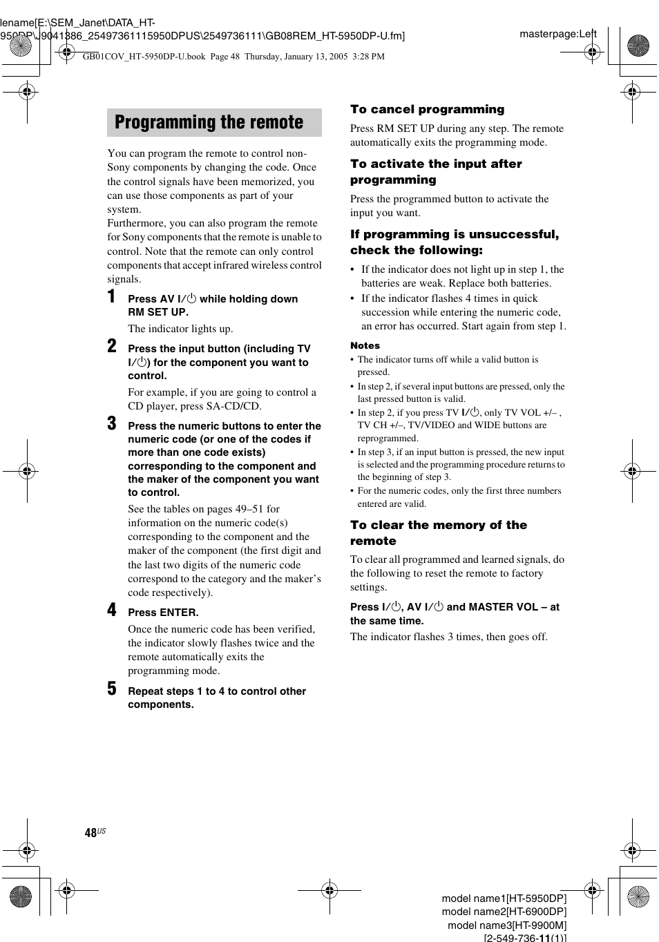 Programming the remote | Sony 6900DP User Manual | Page 48 / 60