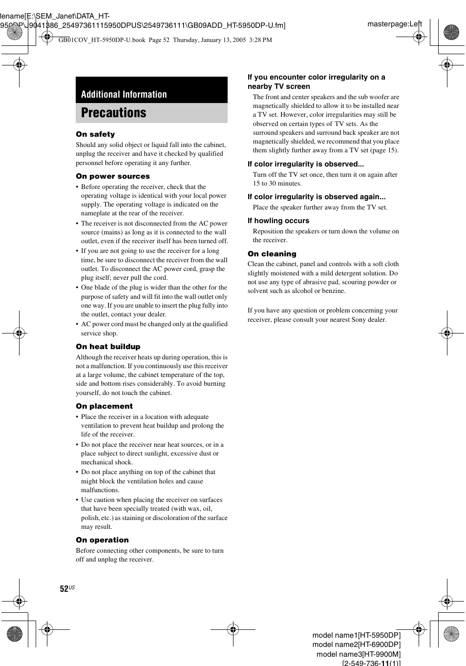 Additional information, Precautions | Sony 6900DP User Manual | Page 52 / 60