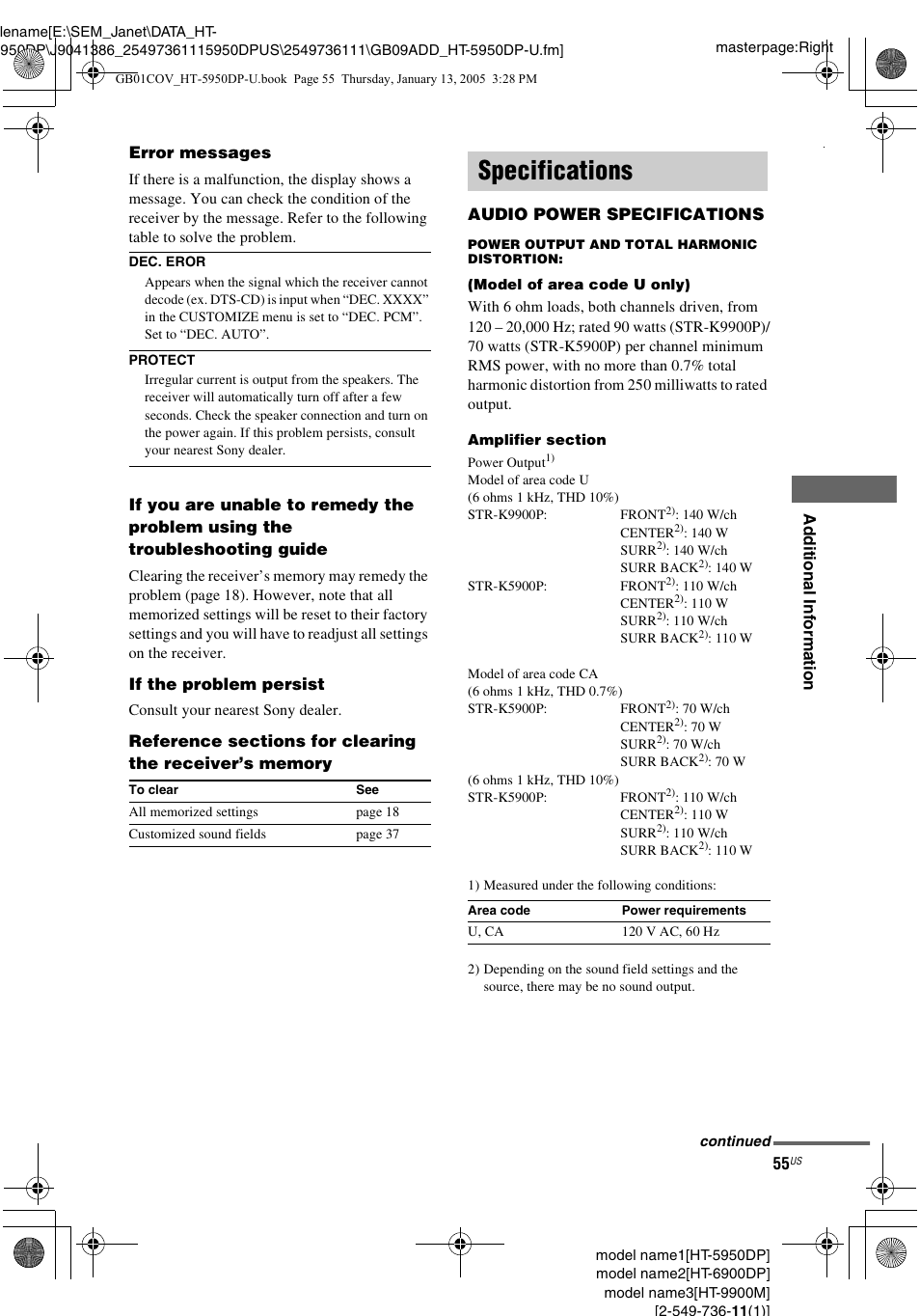 Specifications | Sony 6900DP User Manual | Page 55 / 60