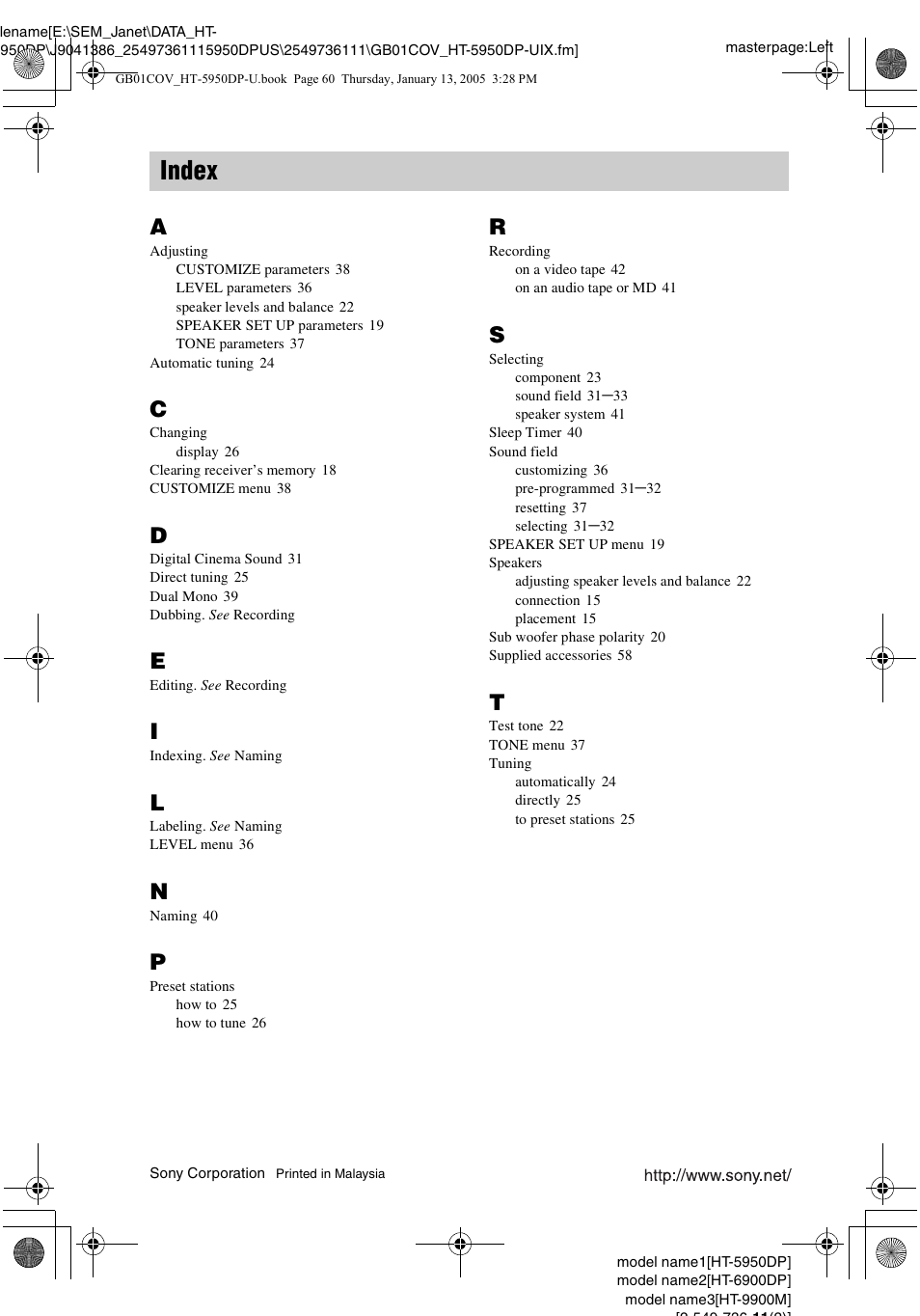 Index | Sony 6900DP User Manual | Page 60 / 60