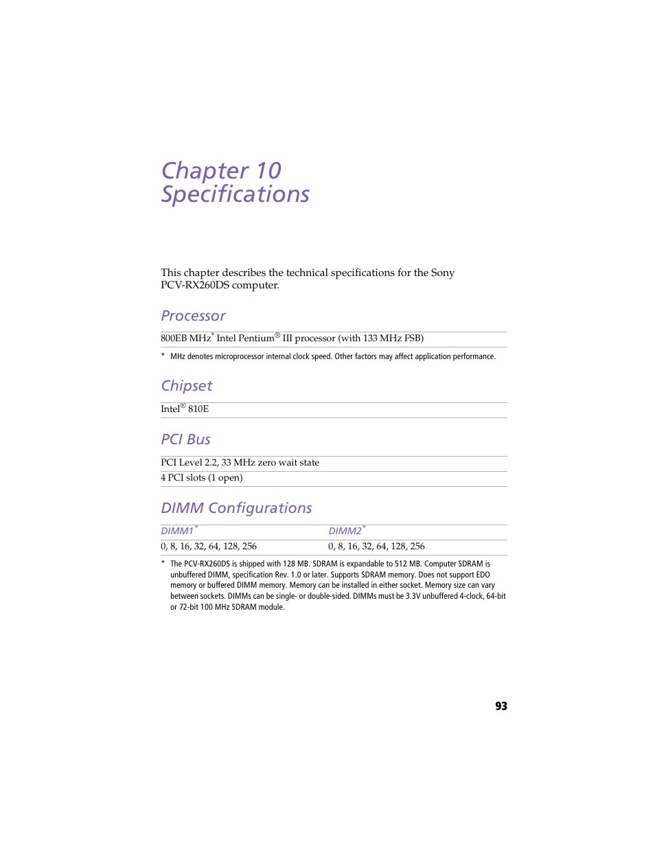 Specifications, Processor, Chipset | Pci bus, Dimm configurations, Chapter 10 — specifications, Processor chipset pci bus dimm configurations, Chapter 10 specifications | Sony VAIO PCV-RX260DS User Manual | Page 107 / 114