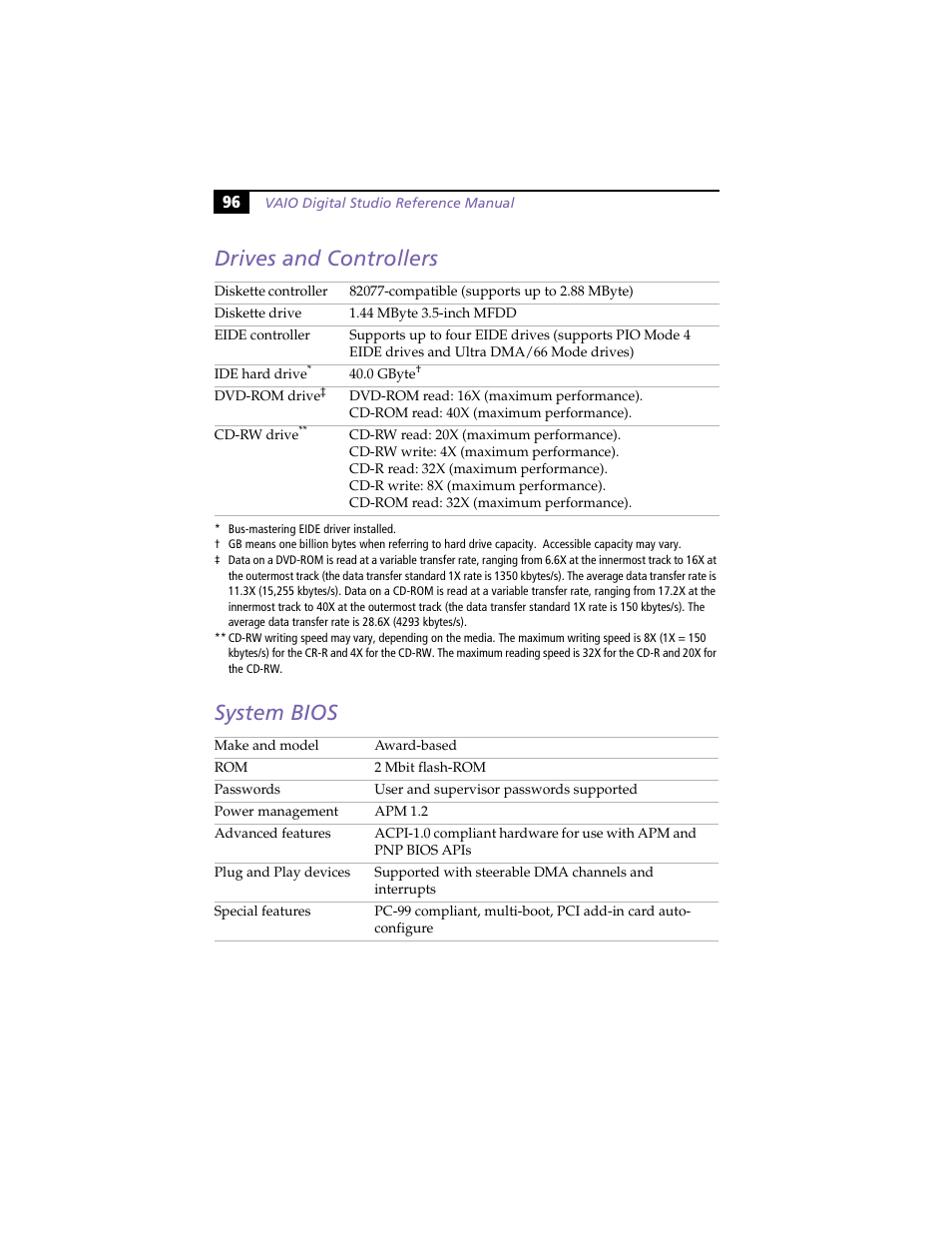 Drives and controllers, System bios, Drives and controllers system bios | Sony VAIO PCV-RX260DS User Manual | Page 110 / 114