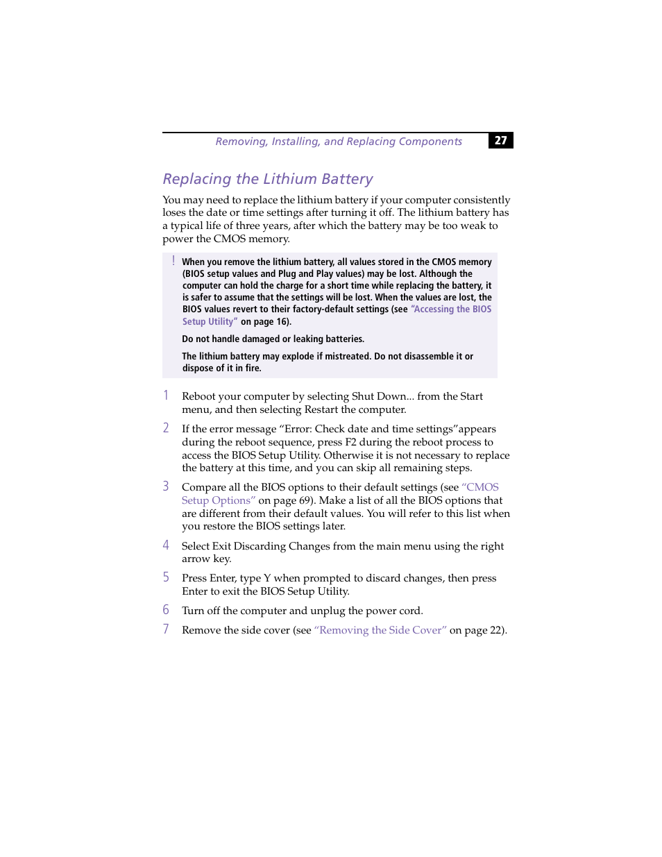 Replacing the lithium battery | Sony VAIO PCV-RX260DS User Manual | Page 41 / 114
