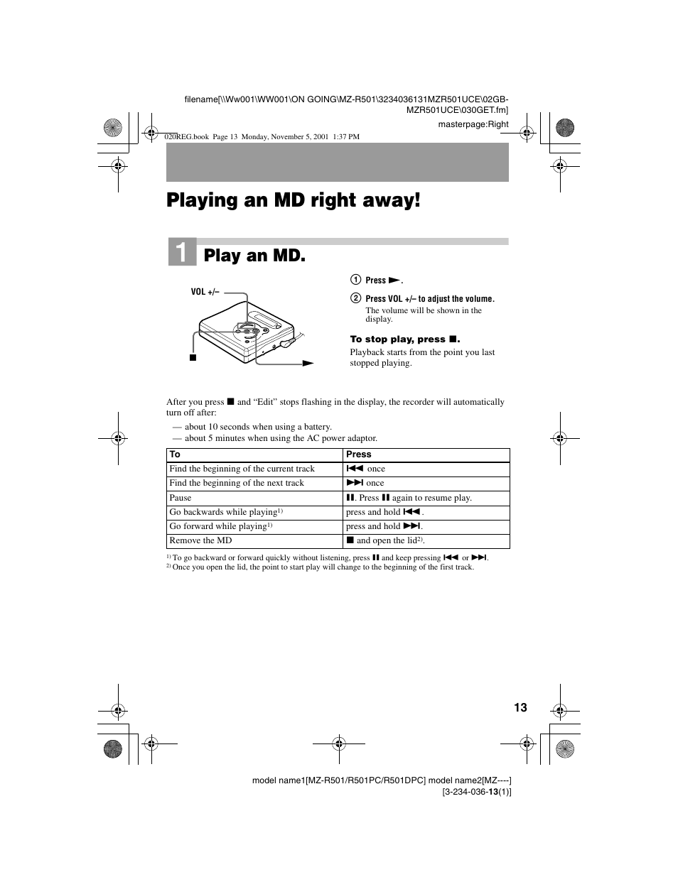 Playing an md right away, Play an md | Sony MZ-R501 User Manual | Page 13 / 40