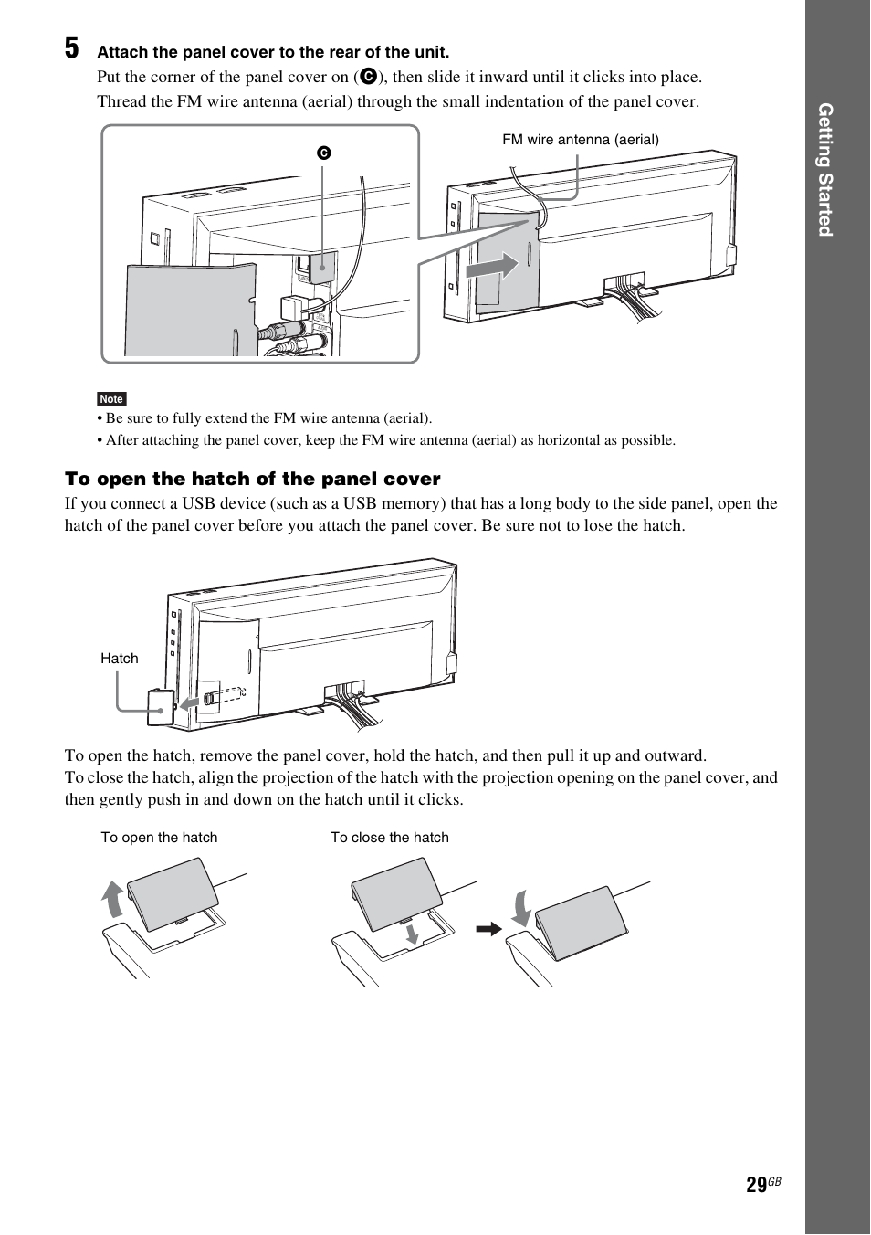 Ge tting star te d, Attach the panel cover to the rear of the unit | Sony Blu-ray Disc/DVD Home Theatre System 4-184-716-51(1) User Manual | Page 29 / 76