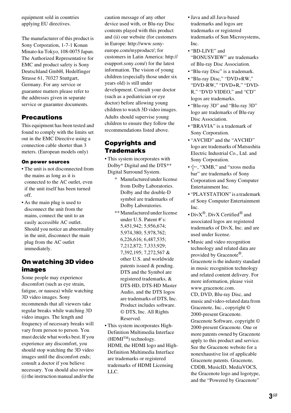 Precautions, On watching 3d video images, Copyrights and trademarks | Sony Blu-ray Disc/DVD Home Theatre System 4-184-716-51(1) User Manual | Page 3 / 76