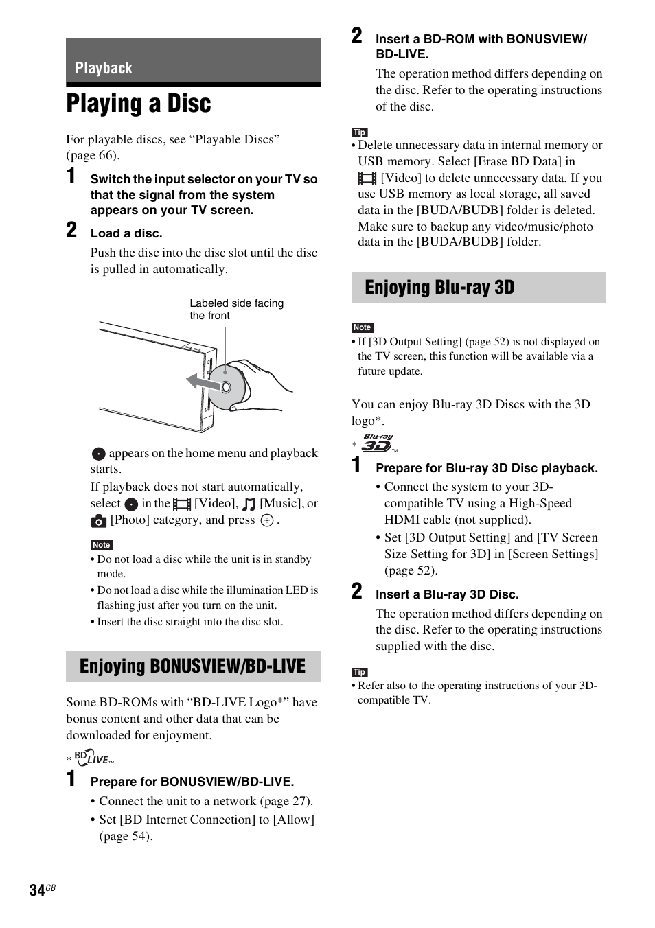 Playback, Playing a disc, Enjoying bonusview/bd-live | Enjoying blu-ray 3d, Es 34 | Sony Blu-ray Disc/DVD Home Theatre System 4-184-716-51(1) User Manual | Page 34 / 76