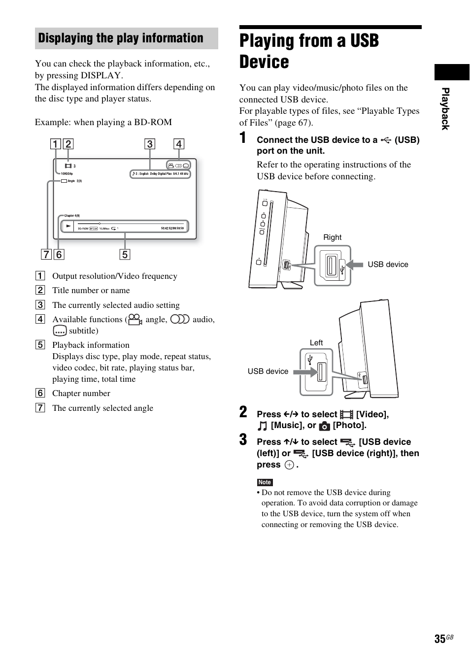 Displaying the play information, Playing from a usb device | Sony Blu-ray Disc/DVD Home Theatre System 4-184-716-51(1) User Manual | Page 35 / 76