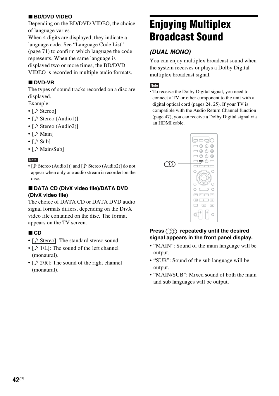 Enjoying multiplex broadcast sound, Enjoying multiplex broadcast, Sound | Dual mono) | Sony Blu-ray Disc/DVD Home Theatre System 4-184-716-51(1) User Manual | Page 42 / 76