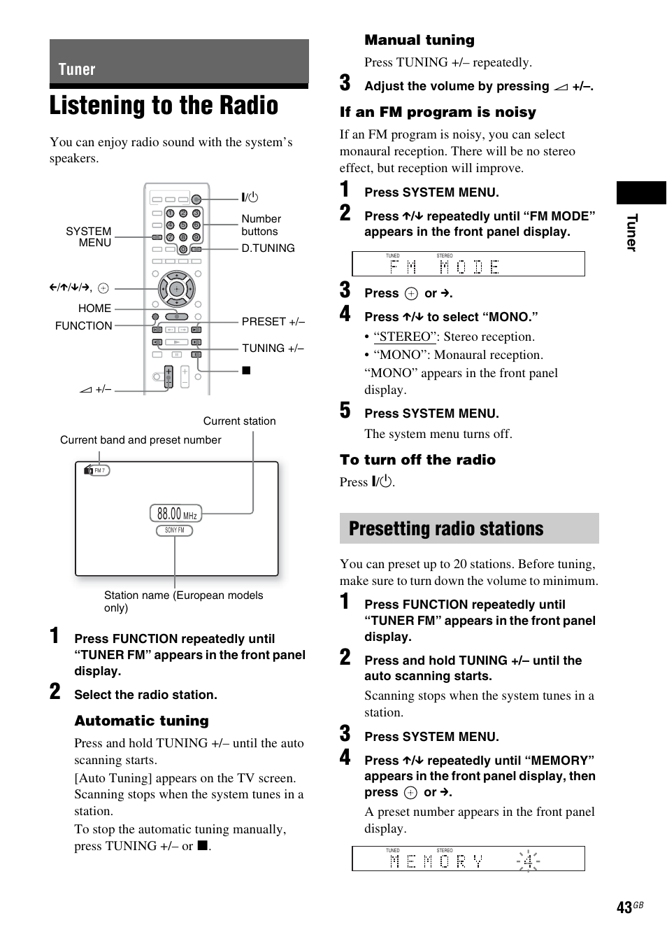 Tuner, Listening to the radio, Presetting radio stations | E 43) | Sony Blu-ray Disc/DVD Home Theatre System 4-184-716-51(1) User Manual | Page 43 / 76
