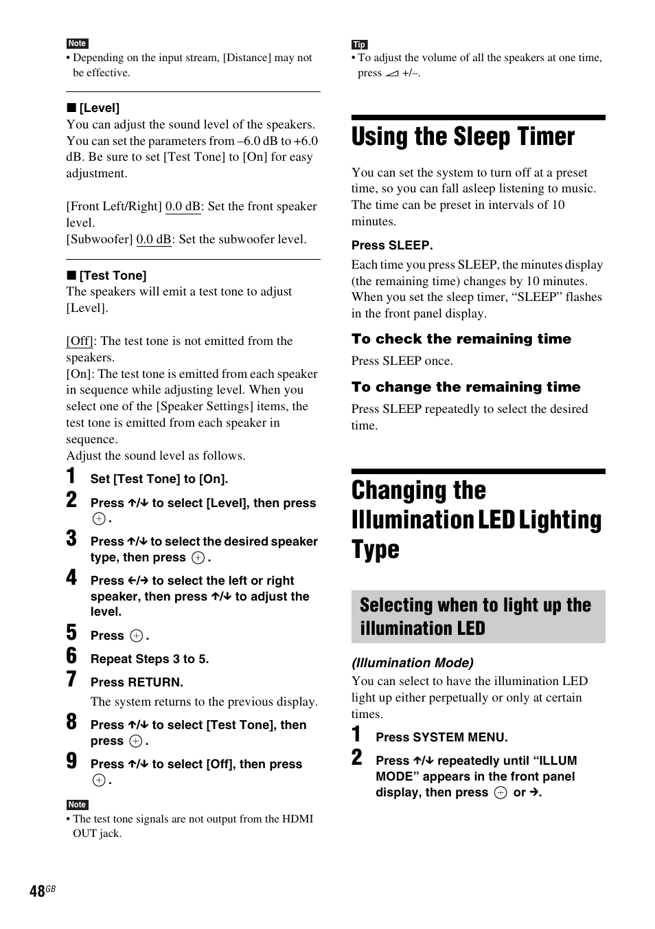 Using the sleep timer, Changing the illumination led lighting type, Selecting when to light up the illumination led | Type | Sony Blu-ray Disc/DVD Home Theatre System 4-184-716-51(1) User Manual | Page 48 / 76