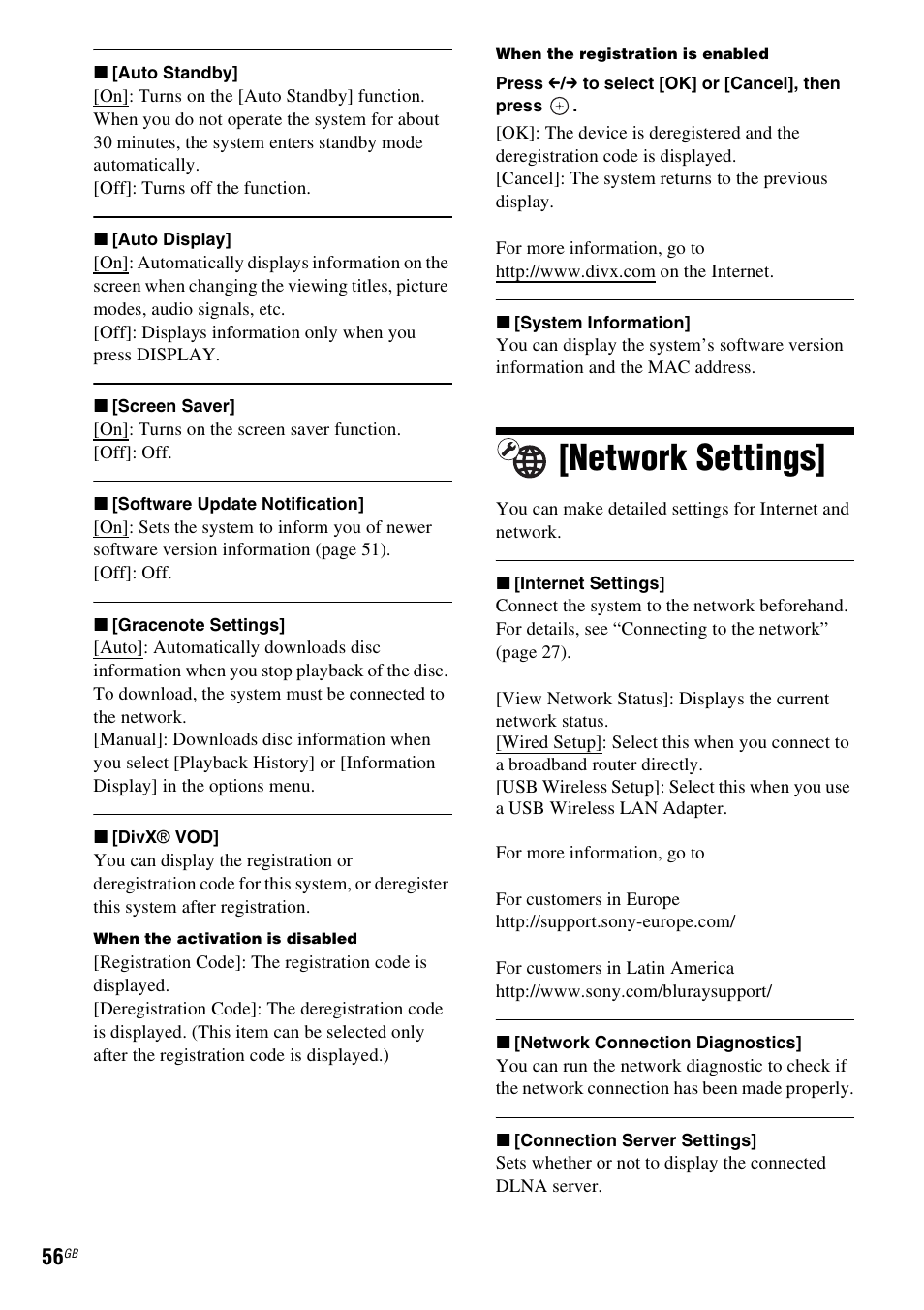 Network settings | Sony Blu-ray Disc/DVD Home Theatre System 4-184-716-51(1) User Manual | Page 56 / 76