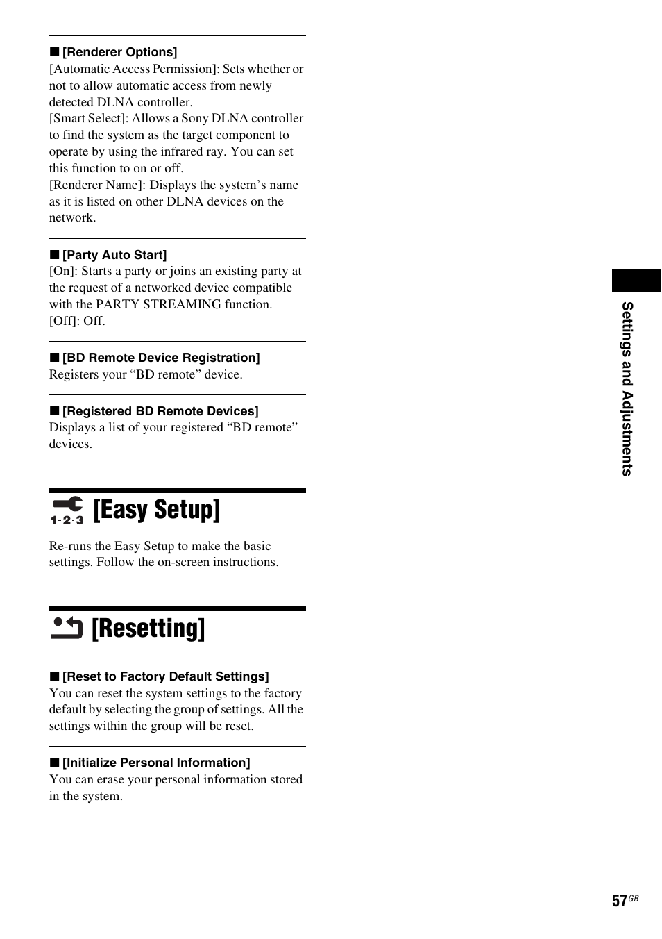 Easy setup, Resetting, Easy setup] [resetting | Sony Blu-ray Disc/DVD Home Theatre System 4-184-716-51(1) User Manual | Page 57 / 76
