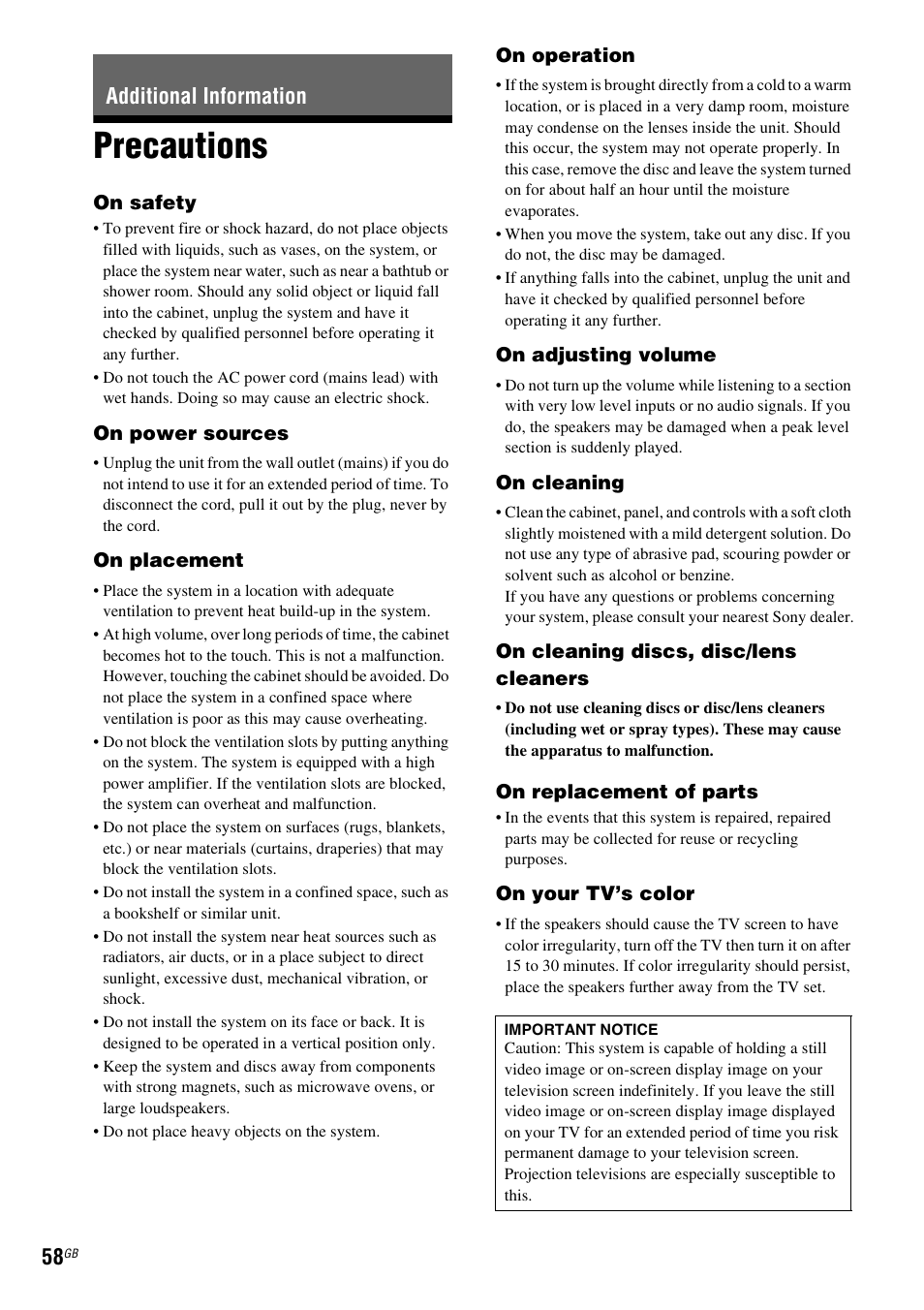 Additional information, Precautions | Sony Blu-ray Disc/DVD Home Theatre System 4-184-716-51(1) User Manual | Page 58 / 76